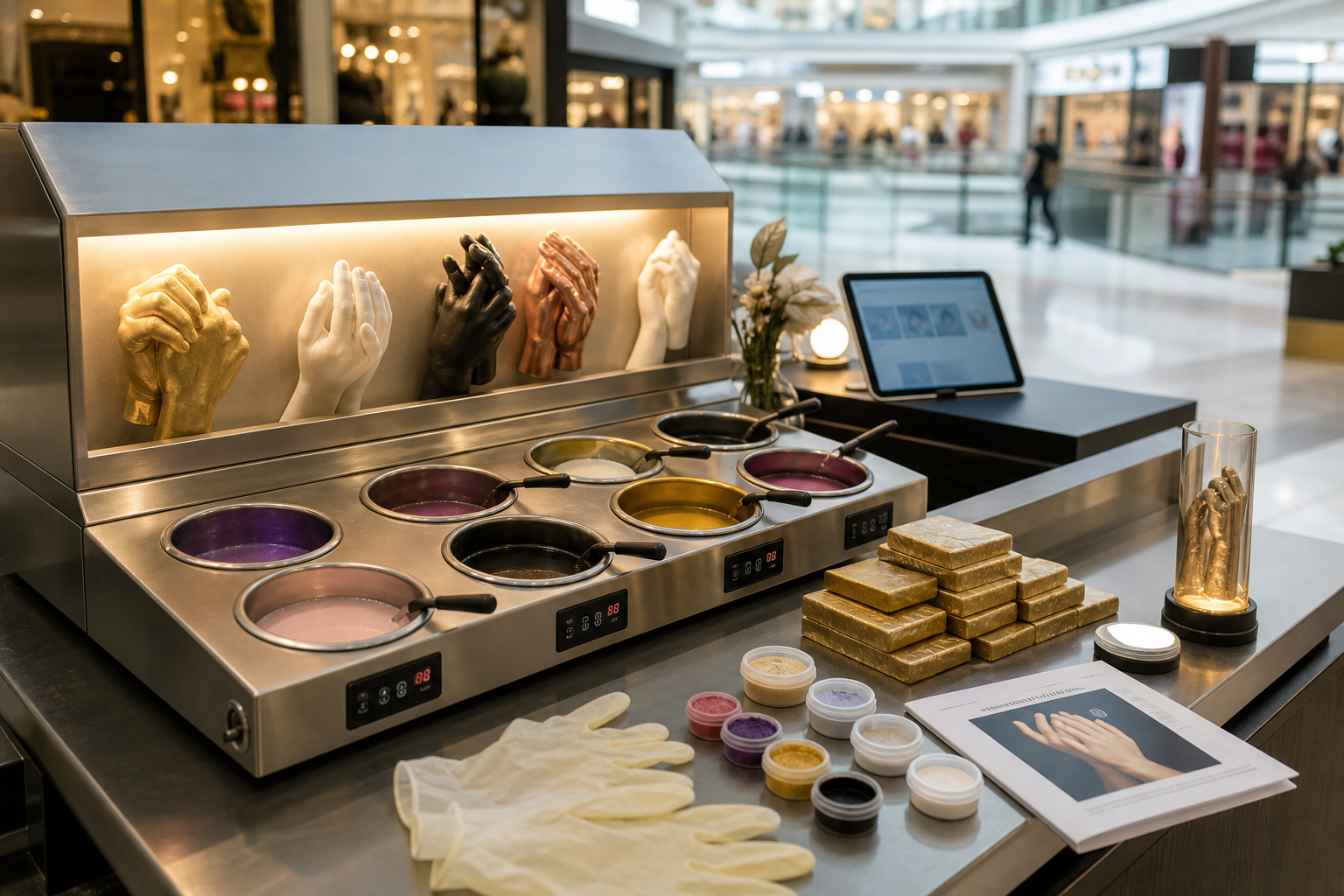 Turnkey WaxHands business setup: professional wax workstation with colour wells, consumables, manuals and display materials in a bright venue